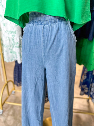 Light Denim Frayed & Free Wide Leg Pants