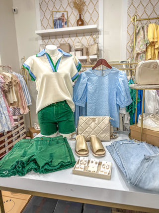 Cream/Blue/Green Preppy Trim Butterfly Sleeve V-Neck Top
