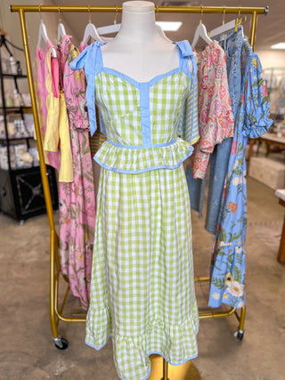 Honeydew & Blue Sweetheart Gingham Corset Midi Dress