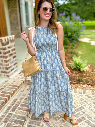 Blue Soft Bloom Tie Shoulder Maxi Dress
