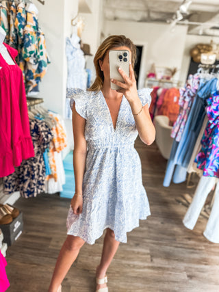 Simply Sweet Blue & White Print Butterfly Sleeve Dress