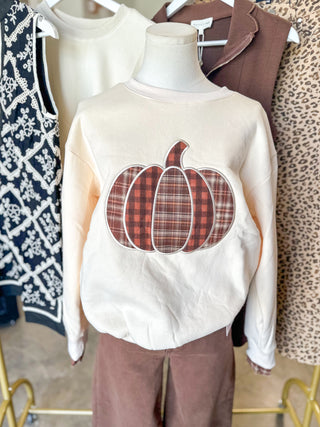 Ecru Plaid Pumpkin Patchwork Sweater