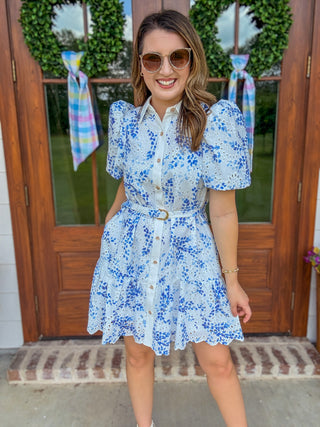 Blue Eyelet Dream Belted Mini Dress