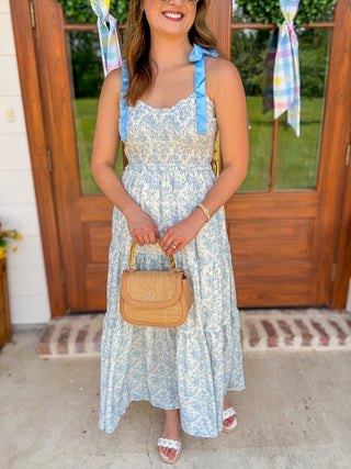 Blue & Cream Dainty Vintage Ribbon Shoulder Tiered Maxi Dress