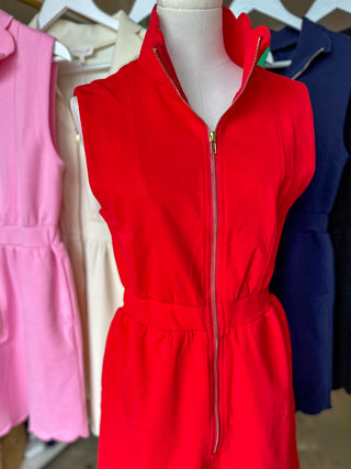 Red On the Move Scallop Zip Mini Dress