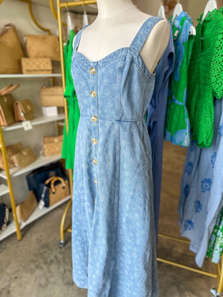 Floral Denim Jacquard Sweetheart Midi Dress
