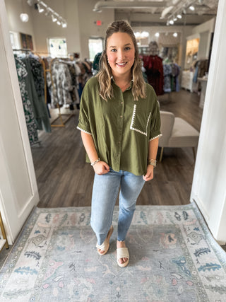 Olive Weekend Charm Scallop Trim Top