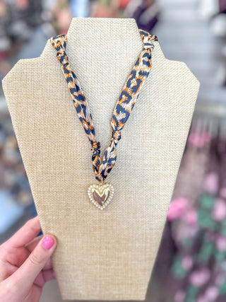 Cheetah Print Knotted Scarf Necklace W/ Pearl & Gold Heart Charm