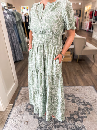 Feilds of Joy Sage Floral Print Tiered Pintuck Maxi Dress