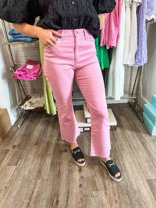 Rosey Pink Blowing Kisses High Rise Kick Flare Jeans