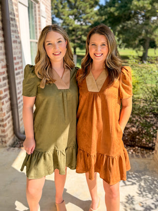 Camel Vinyard Stroll Ruffle Suede Mini Dress