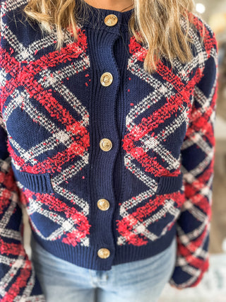 Navy Tartan Holiday Button Down Cardigan
