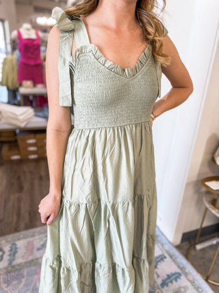 Light Sage Serenade Sweetheart Neck Tie Strap Smocked Tiered Maxi Dress