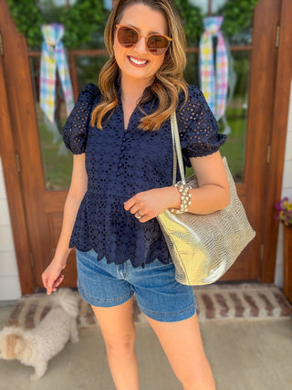 Navy Eloise Eyelet Peplum Top