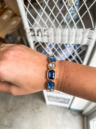Gold W/ Blue & Clear Crystals Stretch Bracelets