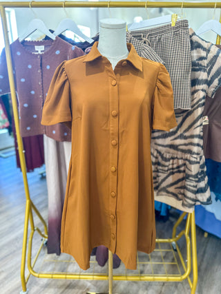 Camel Charm Button Down Collared Mini Dress