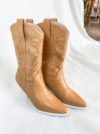 Soft Tan Embroidered High Ankle Boots