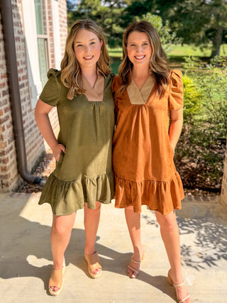 Olive Vinyard Stroll Ruffle Suede Mini Dress