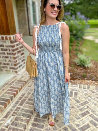 Blue Soft Bloom Tie Shoulder Maxi Dress