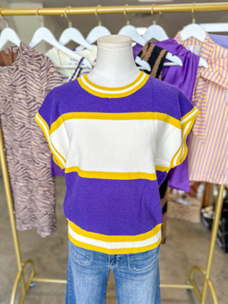 Purple & Gold Game Day Classic Stripe Sleeveless Sweater