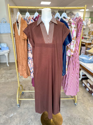 Brown Stitched To Impress Collared Maxi Dress