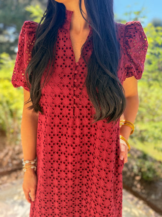 Burgundy Sweet Eyelet Moments Midi Dress