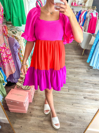 Pink Colorful Block Combo Flutter Sleeve Dress