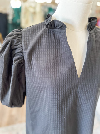 Black Ruffle Puff Sleeve Textured Top