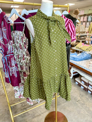 Olive Polished Polka Dots Tie Neck Mini Dress