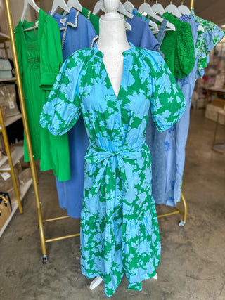 Blue & Green Riona Floral Wynette Tiered Midi Dress