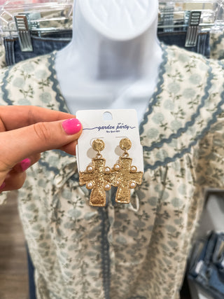 Worn Gold Hammered Cross W/ Pearl Accents Earrings