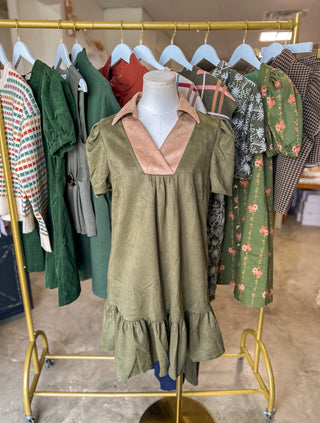 Olive Vinyard Stroll Ruffle Suede Mini Dress