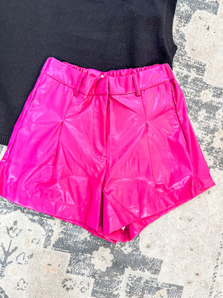 Fuchsia Hot to Go High Waist Wide Faux Leather Shorts