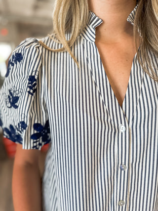 Navy Harbor Stripe Floral Embroidered Top