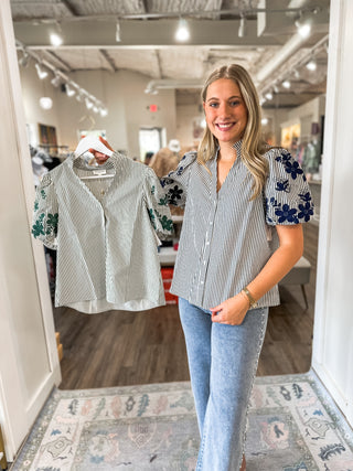 Navy Harbor Stripe Floral Embroidered Top