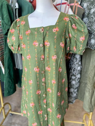 Olive Hidden Grove Floral Button Down Mini Dress