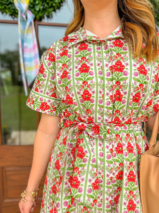 Red Sweet Stroll Floral Belted Midi Dress