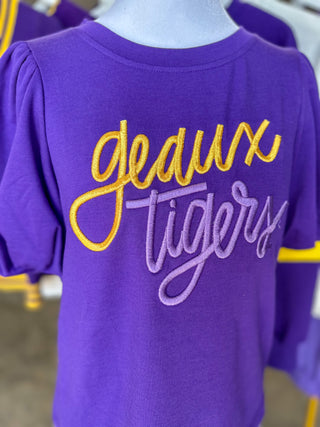 Purple Tina Geaux Tigers Embroidered Puff Sleeve Top