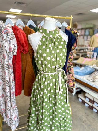 Olive Dotted Darling Halter Neck Belted Maxi Dress