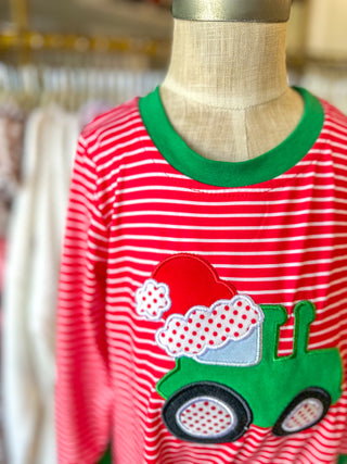 Red Santa Truck Applique Stripe Boys Romper