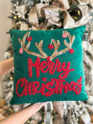 Antler Merry Christmas Pillow Green/Red/Multi 16x16