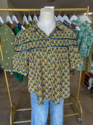Teal Green Botanical Charm Pleated Detail Short Sleeve Blouse