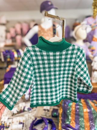 Green Gingham Rolled Neck Sweater