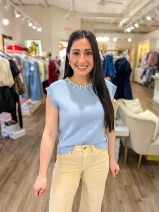 Powder Blue Pearl Jeweled Neck Trim Top