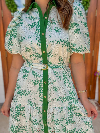 Green Eyelet Dream Belted Mini Dress