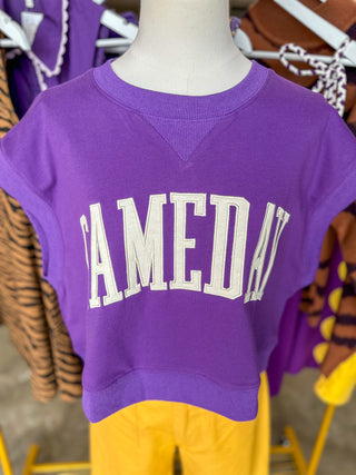 Purple & White Gameday Boxy Cropped Terry Top