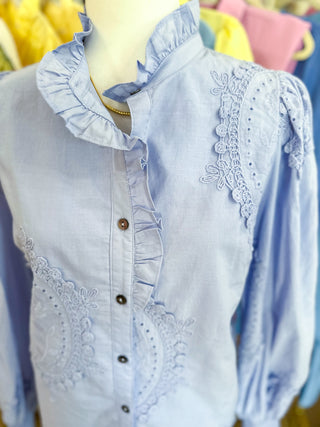 Lavendar Lucky Lace Embroidered Button-Down Blouse