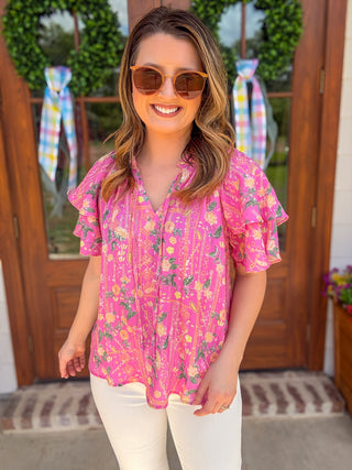 Pink Citrus Spritz Short Ruffled Sleeve Top
