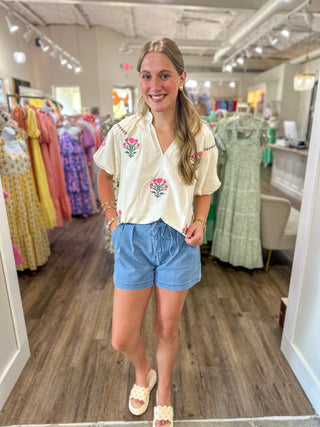 Cream Cottage Bloom Embroidered Bubble Sleeve Blouse
