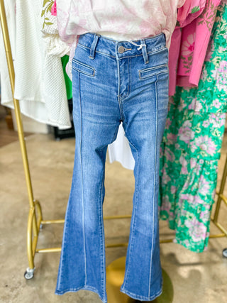 Dark Wash Inspiring Mid Rise Front Welt Pocket & Pintuck Flare Denim Jeans